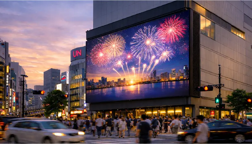 夜の繁華街に設置された大型屋外用LEDビジョンの放映事例。花火の映像が鮮明に映る様子