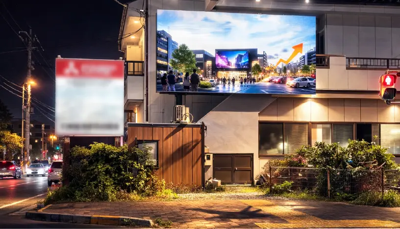 商業施設の入り口付近に設置された屋外用サイネージキオスクモデル。イベント告知での活用事例